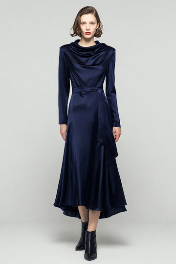 Navy Long Sleeve A-Line Satin Tea Length Business Casual Dress With Sash
